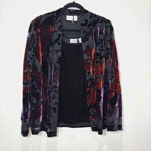 Chicos Velvet Burnout Cardigan Twinset Kimono Black Purple M Open Holidays